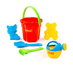 Набор №166: ведро-цветок большое, лопатка №5, грабельки №5, формочки (котёнок + медведь), лейка малая №4, Артикул 4986
