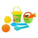 Набор №180: ведро малое с наклейкой, ситечко-цветок, совок №2, грабельки №2, 2 формочки, лейка малая №4, артикул 0597