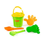 Набор №308: ведро-цветок среднее №3, ситечко-цветок среднее №3, лопатка №5, грабельки №5, формочки (ладошка + ножка), артикул 35585