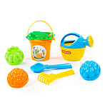 Набор №225: ведро малое, ситечко-цветок, совок №2, грабельки №2, 3 формочки, лейка малая №4, артикул 4504