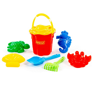 Набор №307: ведро-цветок среднее №3, ситечко-цветок среднее №3, лопатка №5, грабельки №5, формочки (краб №2 + морской конёк + ракушка №2 + черепаха), артикул 35578 – портал поставщиков НСППО - 4