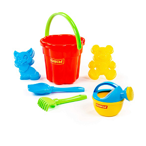 Набор №166: ведро-цветок большое, лопатка №5, грабельки №5, формочки (котёнок + медведь), лейка малая №4, Артикул 4986 – портал поставщиков НСППО - 2
