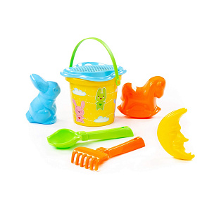 Набор №250: ведро малое с наклейкой, ситечко-цветок, совок №2, грабельки №2, формочки (заяц + лошадка + месяц), артикул 3529 – портал поставщиков НСППО - 5