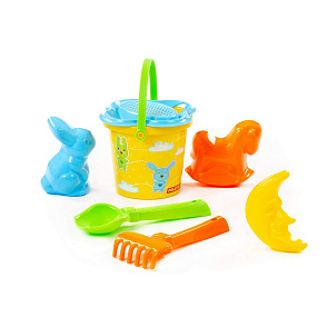 Набор №250: ведро малое с наклейкой, ситечко-цветок, совок №2, грабельки №2, формочки (заяц + лошадка + месяц), артикул 3529 – портал поставщиков НСППО - 6